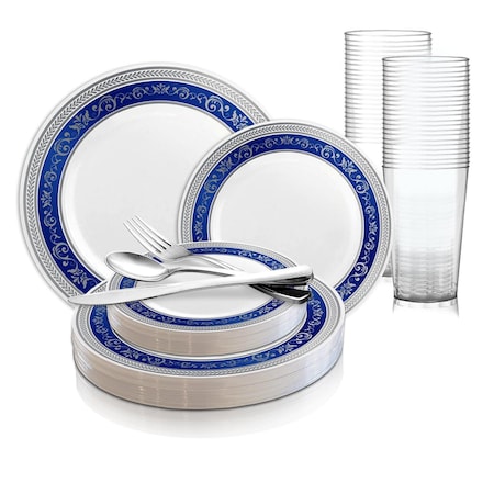 Smarty Had A Party White with Blue and Silver Royal Rim Plastic Wedding Value Set, 720PK 970BLSVS120